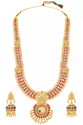 Gold plated faux emerald & pearl studded traditional necklace earrings set jewellery for women