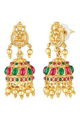 Gold plated faux emerald & pearl studded traditional necklace earrings set jewellery for women 4
