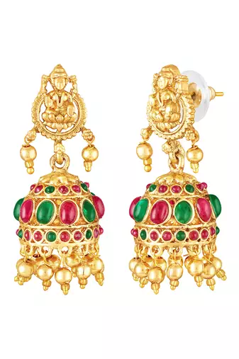 Gold plated faux emerald & pearl studded traditional necklace earrings set jewellery for women