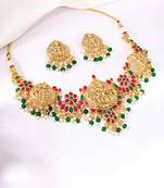 Gold plated faux emerald faux ruby & beads studded ethnic necklace earrings set jewellery for women & girls