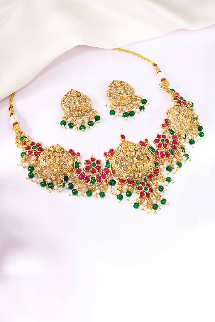 Gold plated faux emerald faux ruby & beads studded ethnic necklace earrings set jewellery for women & girls