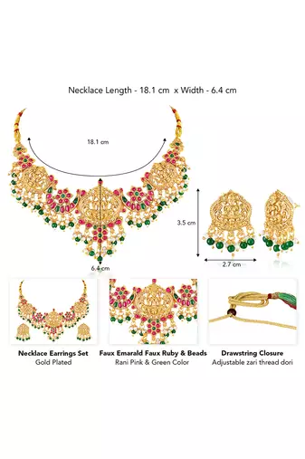 Gold plated faux emerald faux ruby & beads studded ethnic necklace earrings set jewellery for women & girls