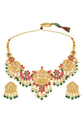 Gold plated faux emerald faux ruby & beads studded ethnic necklace earrings set jewellery for women & girls 3