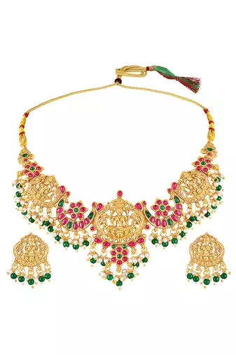Gold plated faux emerald faux ruby & beads studded ethnic necklace earrings set jewellery for women & girls