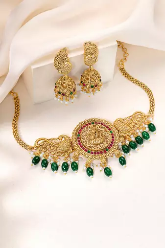 Gold plated faux ruby faux emerald studded traditional ethnic necklace earrings set jewellery gift for women
