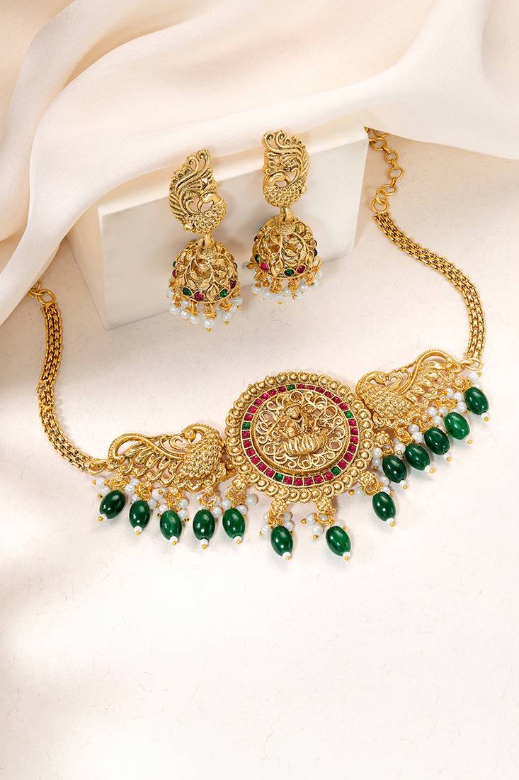 Gold plated faux ruby faux emerald studded traditional ethnic necklace earrings set jewellery gift for women