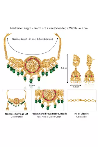 Gold plated faux ruby faux emerald studded traditional ethnic necklace earrings set jewellery gift for women