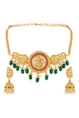 Gold plated faux ruby faux emerald studded traditional ethnic necklace earrings set jewellery gift for women 3