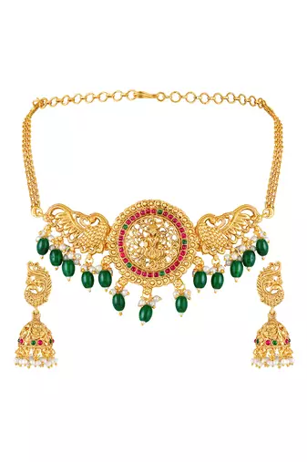 Gold plated faux ruby faux emerald studded traditional ethnic necklace earrings set jewellery gift for women