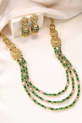 Gold plated faux ruby faux emerald studded long necklace earrings set jewellery for women 1