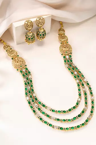 Gold plated faux ruby faux emerald studded long necklace earrings set jewellery for women