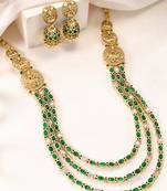 Gold plated faux ruby faux emerald studded long necklace earrings set jewellery for women