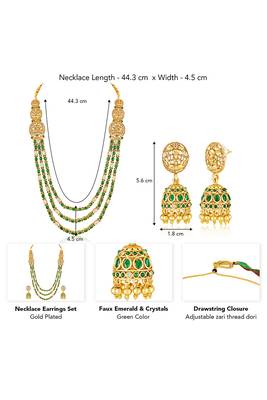 Gold plated faux ruby faux emerald studded long necklace earrings set jewellery for women 2
