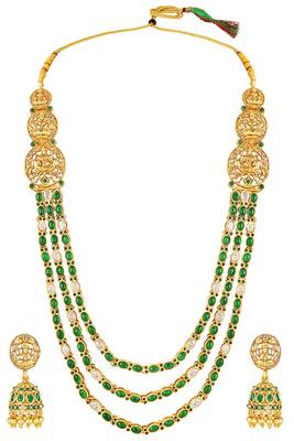 Gold plated faux ruby faux emerald studded long necklace earrings set jewellery for women 3