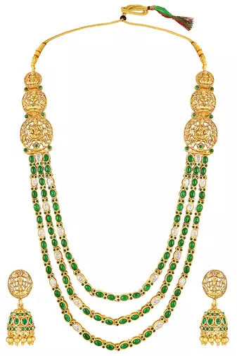 Gold plated faux ruby faux emerald studded long necklace earrings set jewellery for women