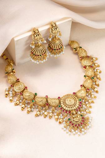 Gold plated faux ruby faux emerald & lariya studded necklace earrings set jewellery for women