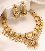 Gold plated faux ruby faux emerald & lariya studded necklace earrings set jewellery for women