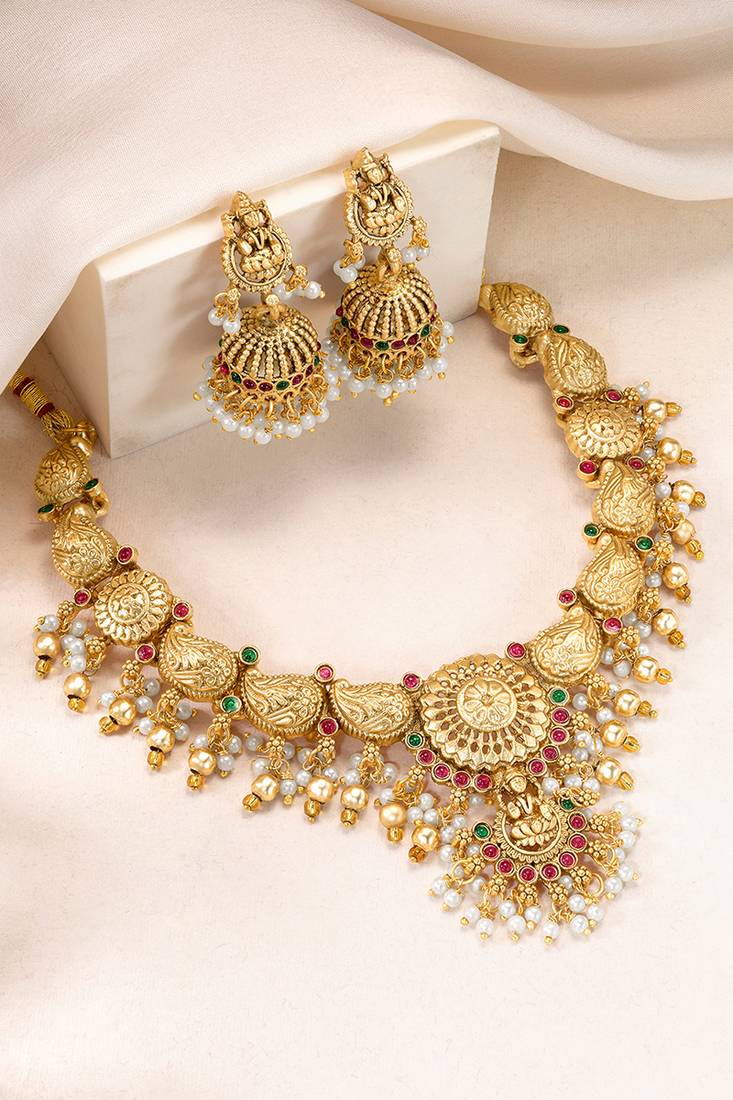 Gold plated faux ruby faux emerald & lariya studded necklace earrings set jewellery for women
