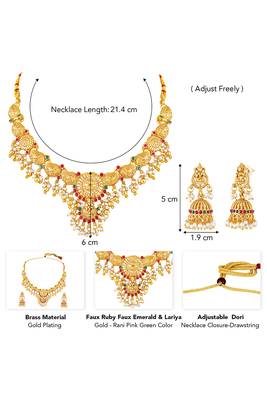 Gold plated faux ruby faux emerald & lariya studded necklace earrings set jewellery for women 2