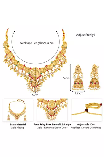 Gold plated faux ruby faux emerald & lariya studded necklace earrings set jewellery for women
