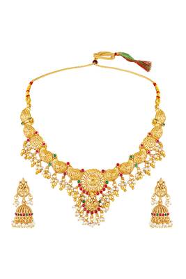 Gold plated faux ruby faux emerald & lariya studded necklace earrings set jewellery for women 3