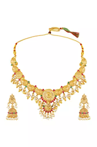 Gold plated faux ruby faux emerald & lariya studded necklace earrings set jewellery for women