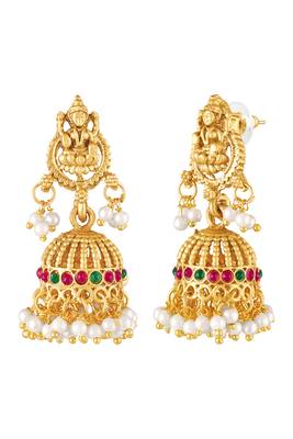 Gold plated faux ruby faux emerald & lariya studded necklace earrings set jewellery for women 4