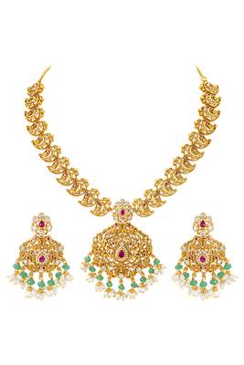 Gold plated cubic zirconia faux ruby & beads studded necklace earrings set jewellery for women 1