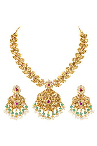 Gold plated cubic zirconia faux ruby & beads studded necklace earrings set jewellery for women