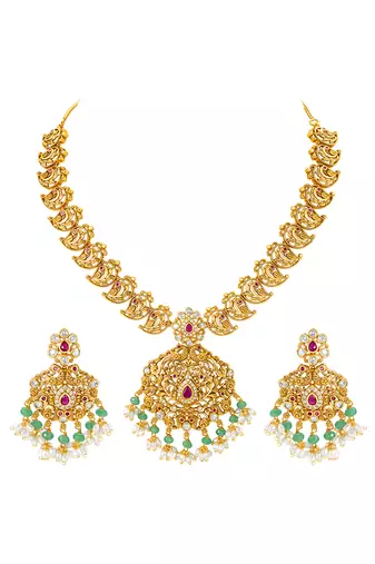 Gold plated cubic zirconia faux ruby & beads studded necklace earrings set jewellery for women