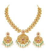Gold plated cubic zirconia faux ruby & beads studded necklace earrings set jewellery for women