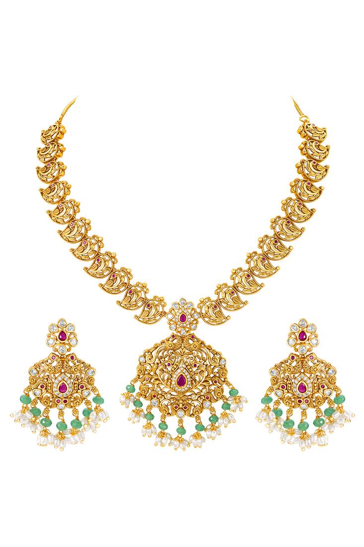 Gold plated cubic zirconia faux ruby & beads studded necklace earrings set jewellery for women