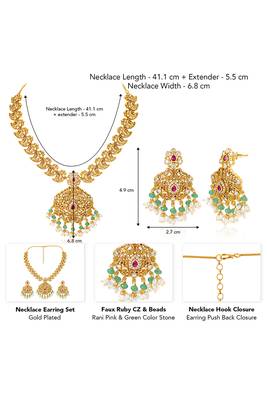 Gold plated cubic zirconia faux ruby & beads studded necklace earrings set jewellery for women 2