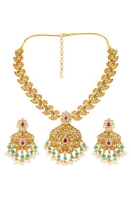 Gold plated cubic zirconia faux ruby & beads studded necklace earrings set jewellery for women 3