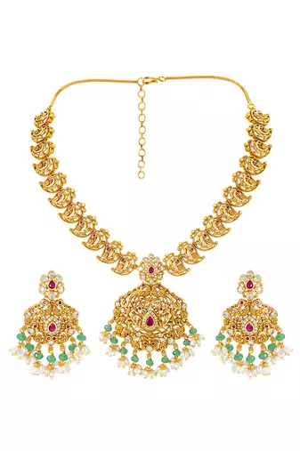 Gold plated cubic zirconia faux ruby & beads studded necklace earrings set jewellery for women