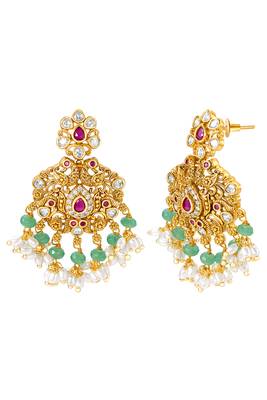 Gold plated cubic zirconia faux ruby & beads studded necklace earrings set jewellery for women 4