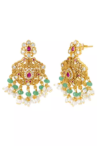 Gold plated cubic zirconia faux ruby & beads studded necklace earrings set jewellery for women