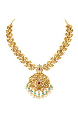 Gold plated cubic zirconia faux ruby & beads studded necklace earrings set jewellery for women 5