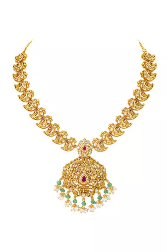Gold plated cubic zirconia faux ruby & beads studded necklace earrings set jewellery for women
