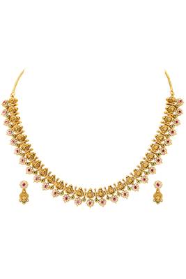 Gold plated cz faux ruby & faux emerald studded necklace earrings set jewellery for women 1