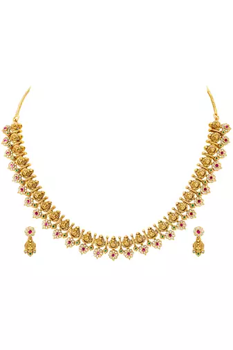 Gold plated cz faux ruby & faux emerald studded necklace earrings set jewellery for women