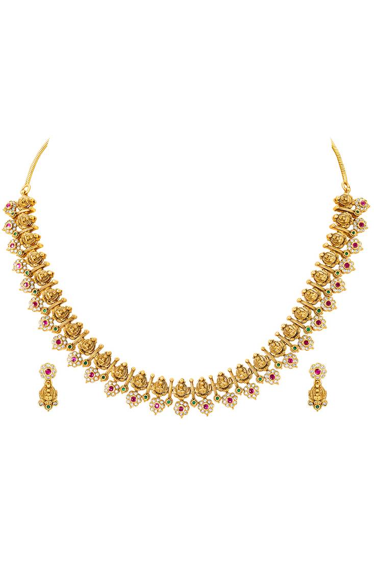 Gold plated cz faux ruby & faux emerald studded necklace earrings set jewellery for women