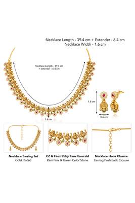 Gold plated cz faux ruby & faux emerald studded necklace earrings set jewellery for women 2