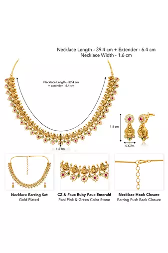Gold plated cz faux ruby & faux emerald studded necklace earrings set jewellery for women