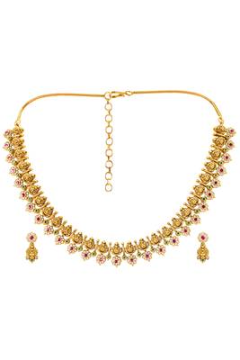 Gold plated cz faux ruby & faux emerald studded necklace earrings set jewellery for women 3