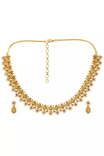 Gold plated cz faux ruby & faux emerald studded necklace earrings set jewellery for women