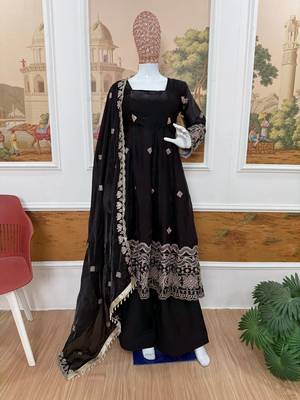 Black Color Embroidery Work With Fancy Lace Satin Gown Set 1