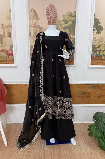 Black Color Embroidery Work With Fancy Lace Satin Gown Set