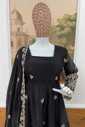 Black Color Embroidery Work With Fancy Lace Satin Gown Set