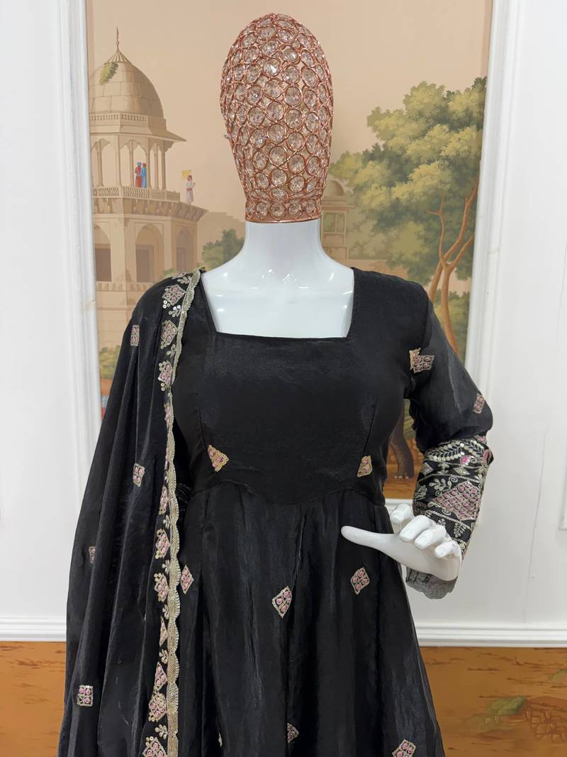 Black Color Embroidery Work With Fancy Lace Satin Gown Set